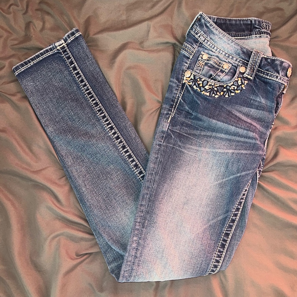 Miss Me Blue Washed Straight Leg Jeans with Embellished Pocket